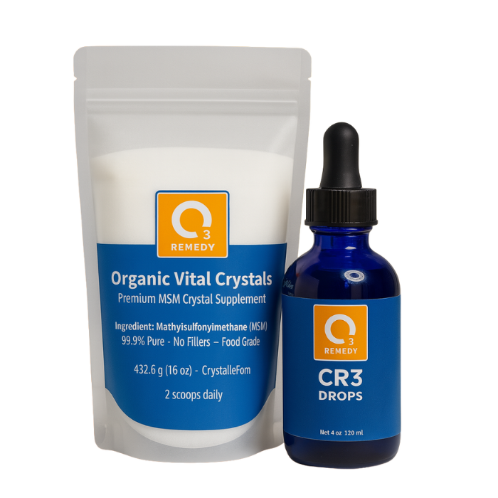 O3 Remedy Organic Vital Crystals packaging and CR3 Drops bottle on a white background