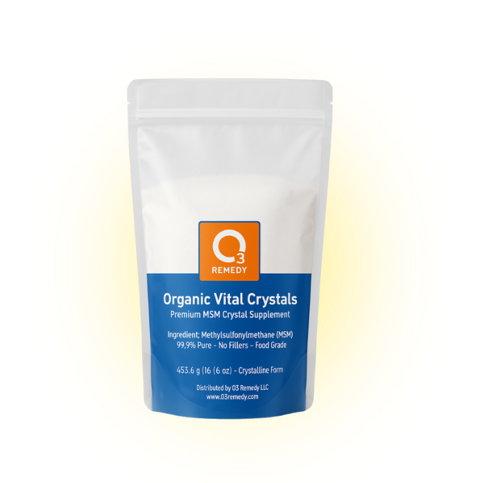 Bag of Organic Vital Crystals supplement with O3 Remedy logo on a white background