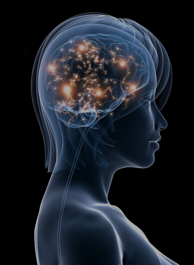 Artistic representation of a human head with glowing brain