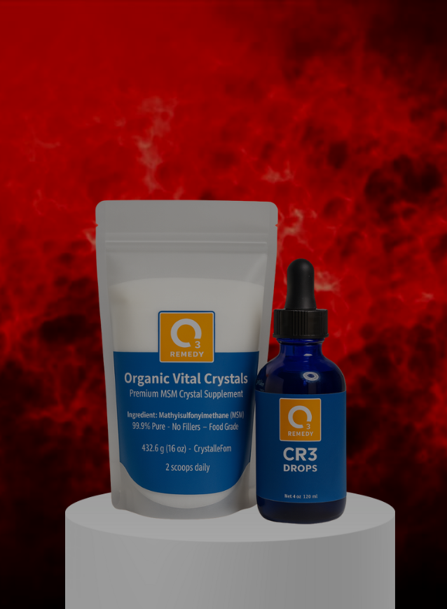 Two supplement products on a white pedestal against a red background
