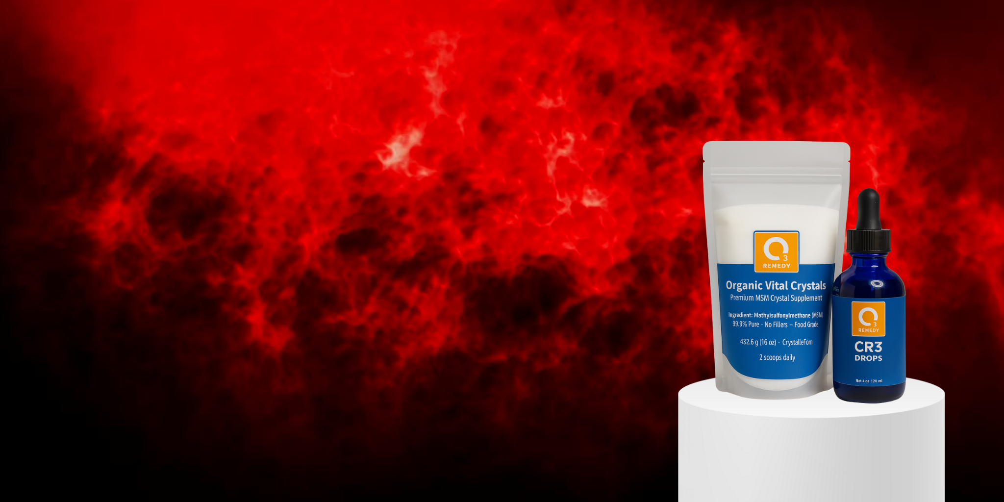 Three products on a white pedestal against a red background