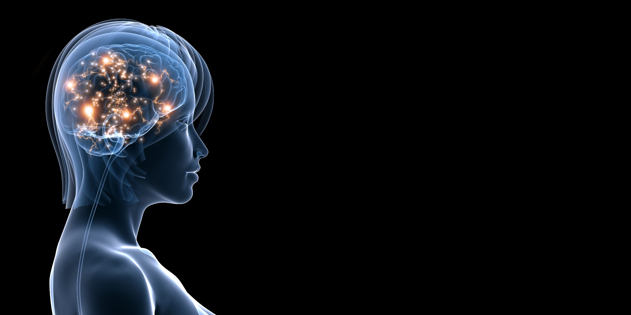 Silhouette of a person with glowing brain neurons on a black background